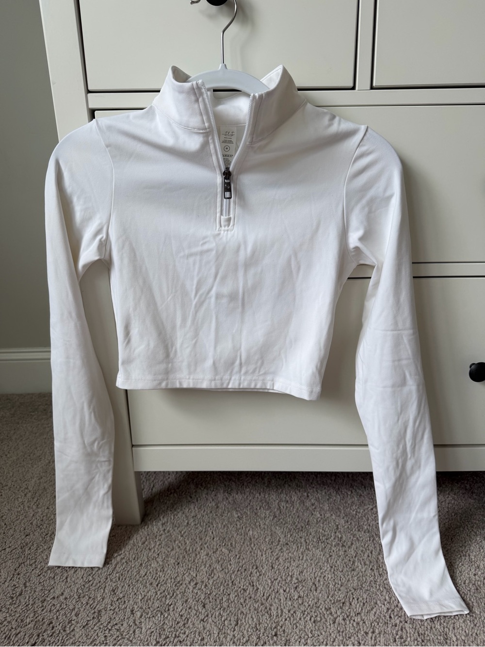 Cropped Half-Zip Long Sleeve Top - White